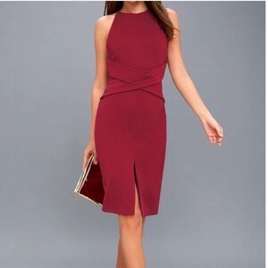 Lulus Dress Women Medium Elin slit midi Red Sleeveless Cross Over Backless b3